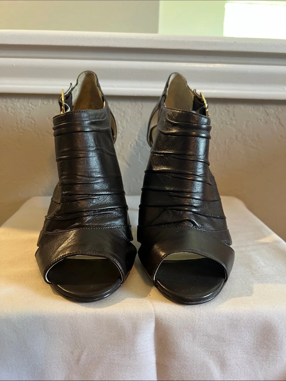 Guess Brown Leather Peep-Toe Ruched Heels with Buckle